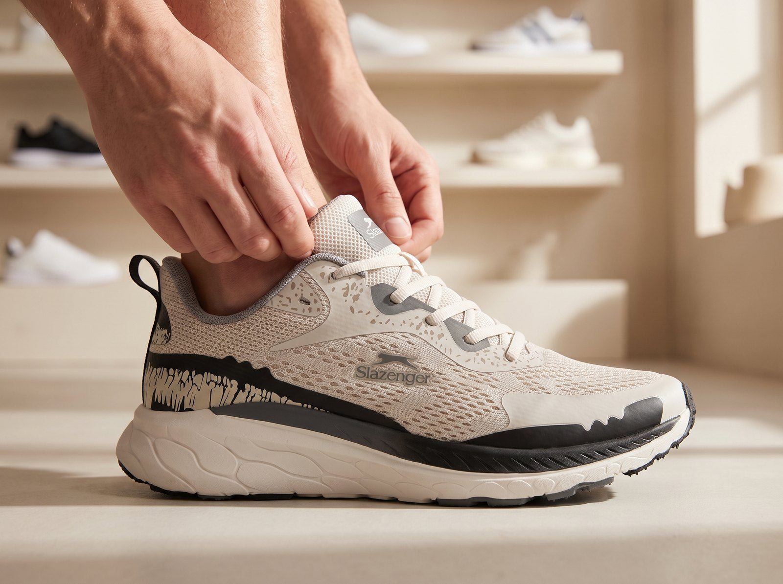 Hands checking the fit of a beige Slazenger Warning sneaker