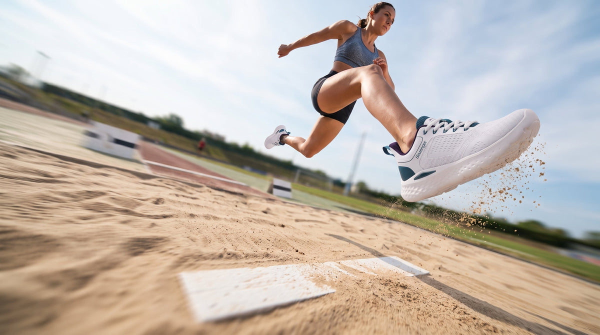 A long jumper landing in a sandpit in white Slazenger running shoes