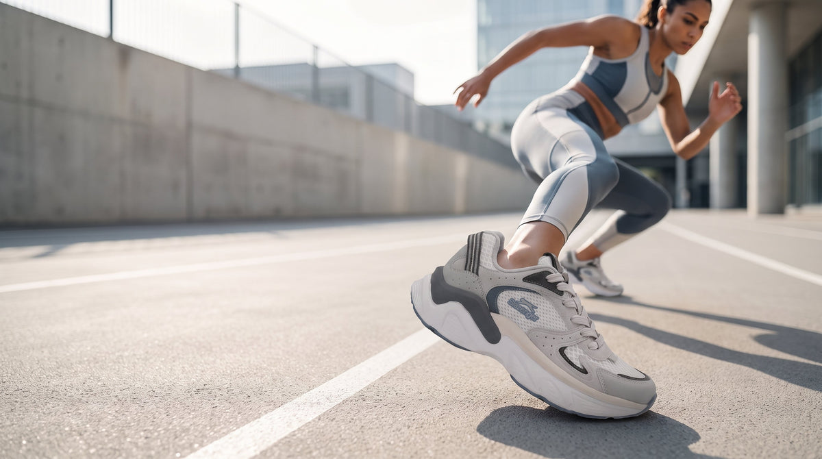 A runner pushing off on a concrete plaza, close on a white and grey Slazenger sneaker