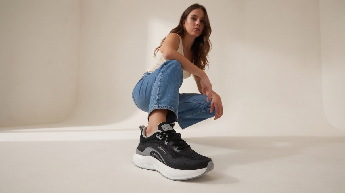 A woman crouching in jeans and black Slazenger Wera sneakers with a white sole, in a pale studio