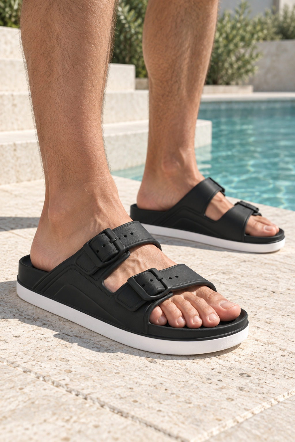 On-foot showcase of Slazenger Tremor Sliders — Black / White (Men's)
