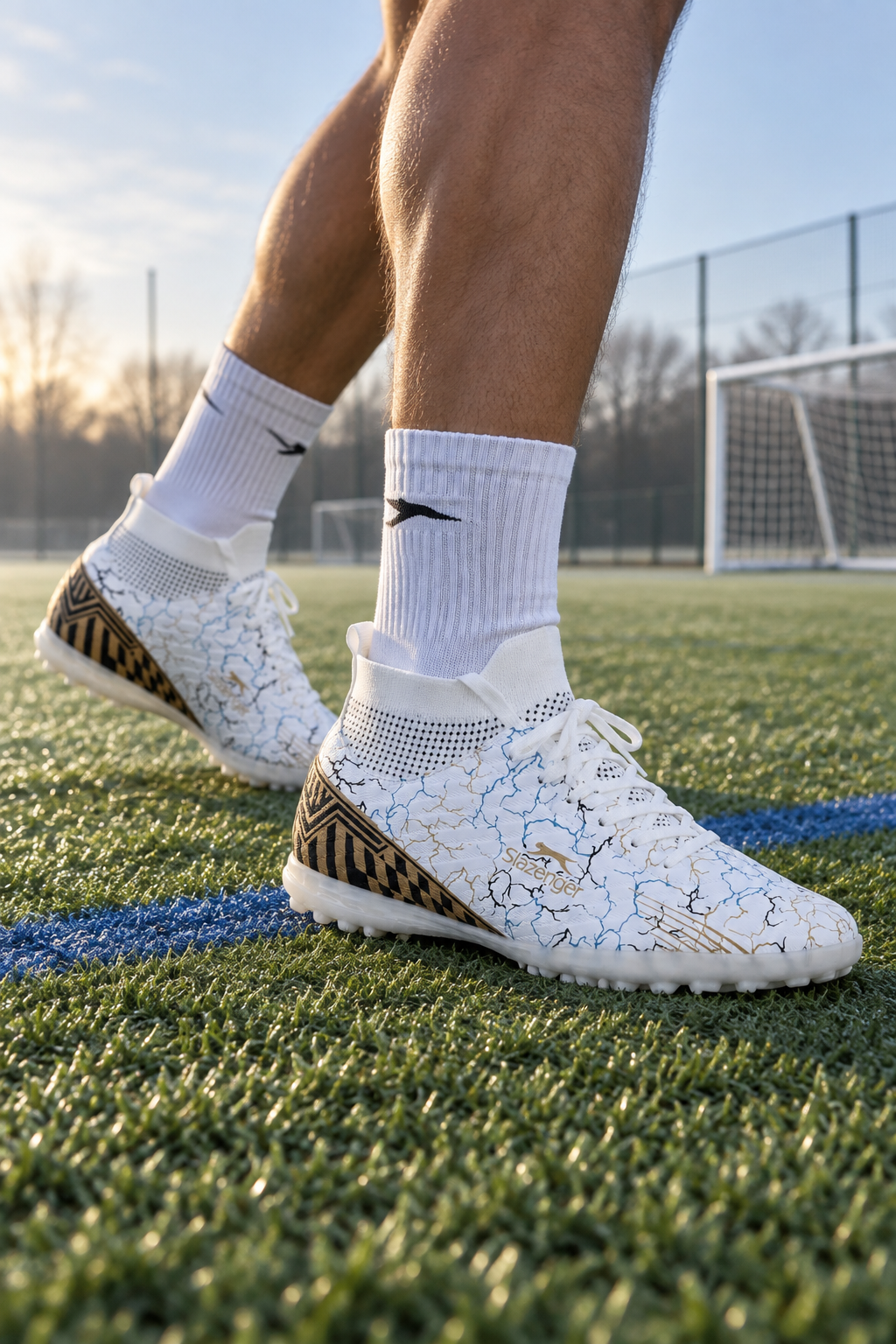 Botas de fútbol césped artificial Slazenger Corner — Blanco / Azul (hombre), en los pies