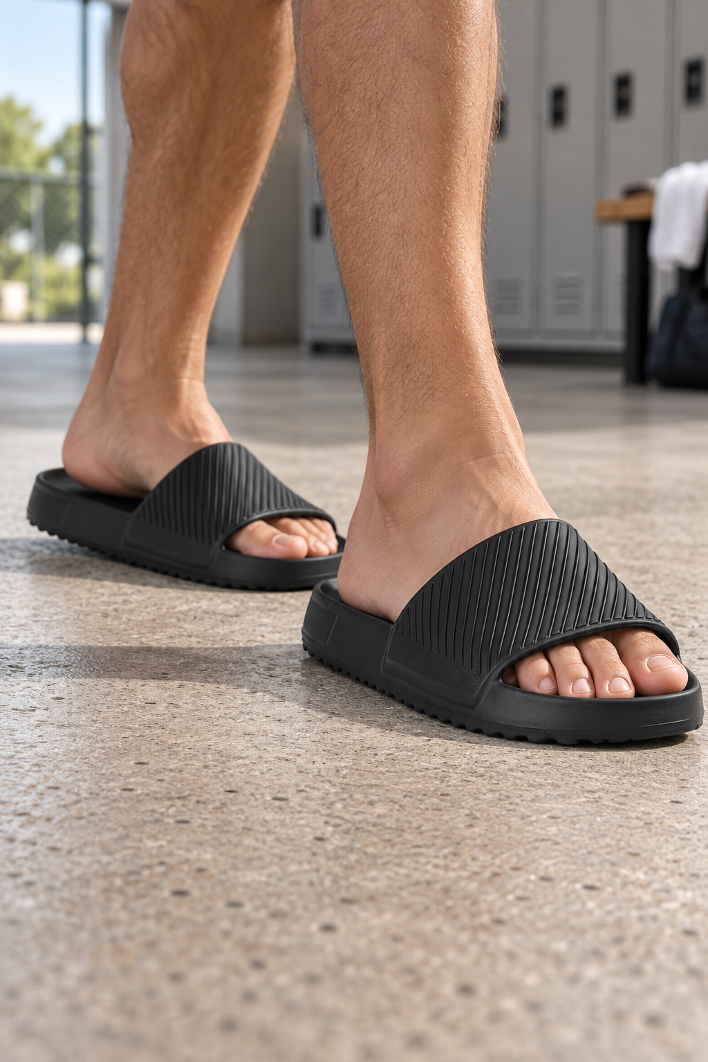 On-foot showcase of Slazenger Teqila Sliders — Black (Men's)