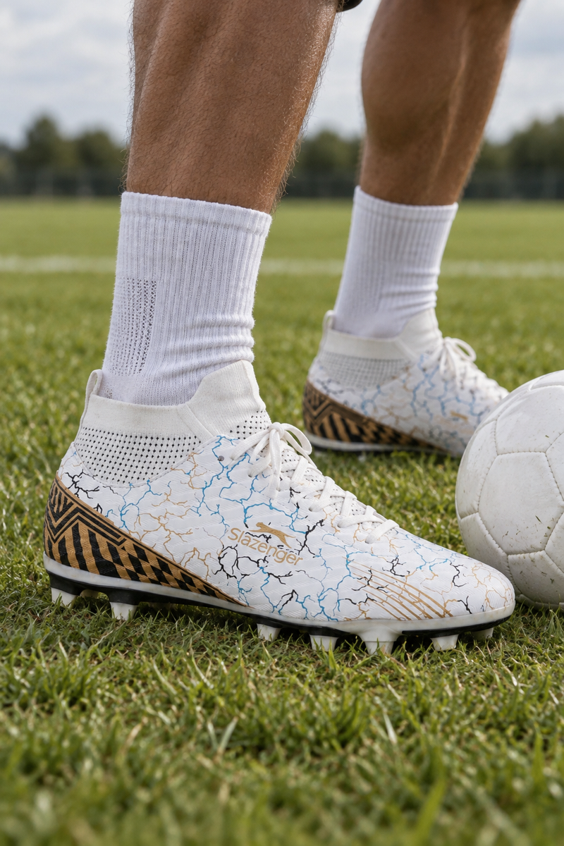 Botas de fútbol césped natural Slazenger Corner — Blanco / Azul (hombre), en los pies