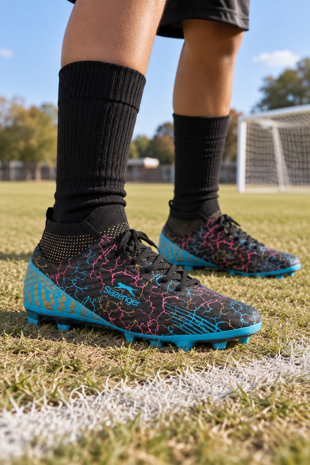 Botas de fútbol césped natural Slazenger Corner — Negro (junior), en los pies